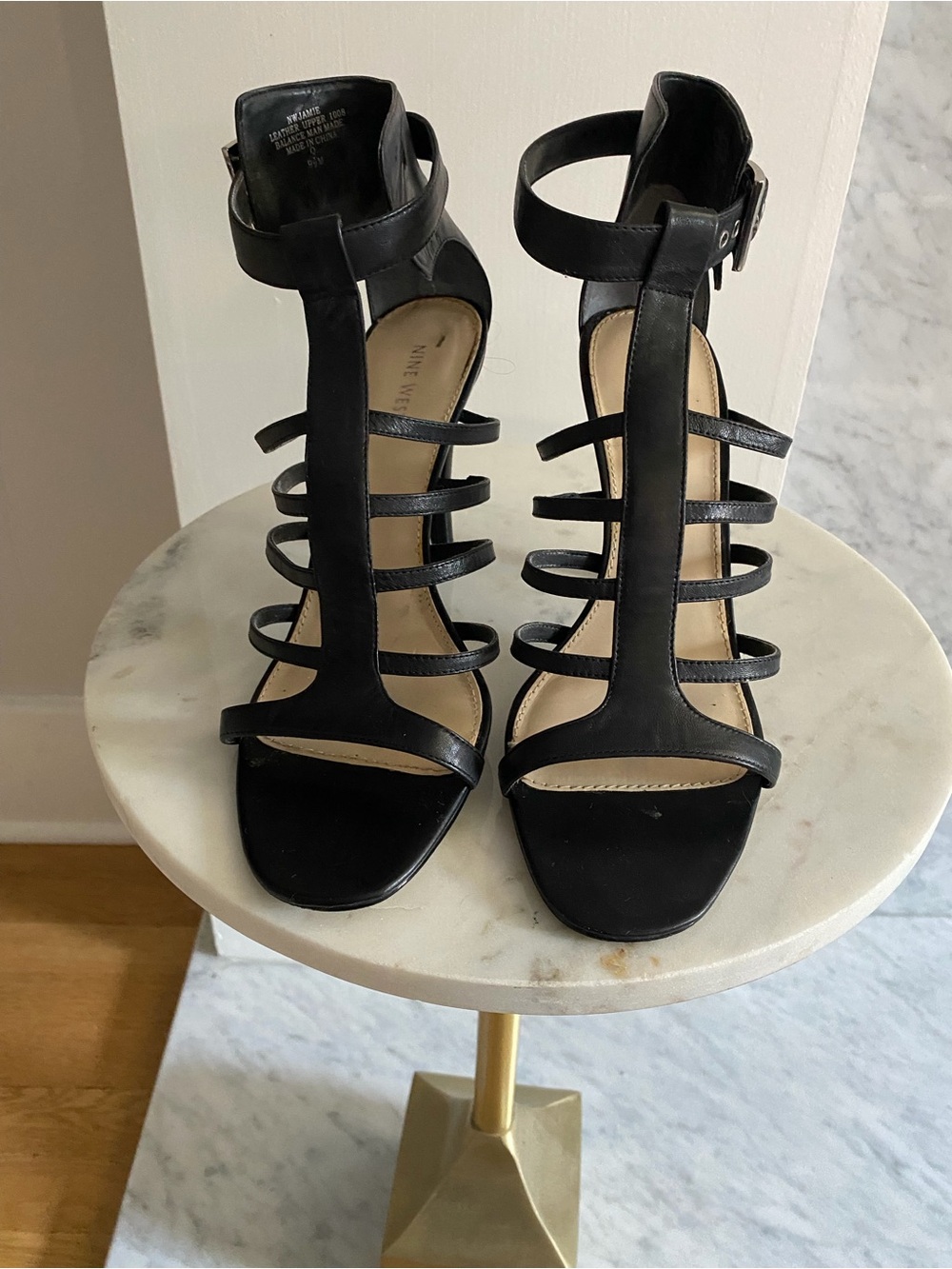 Nine West Black Strappy T-Front Heeled Sandals